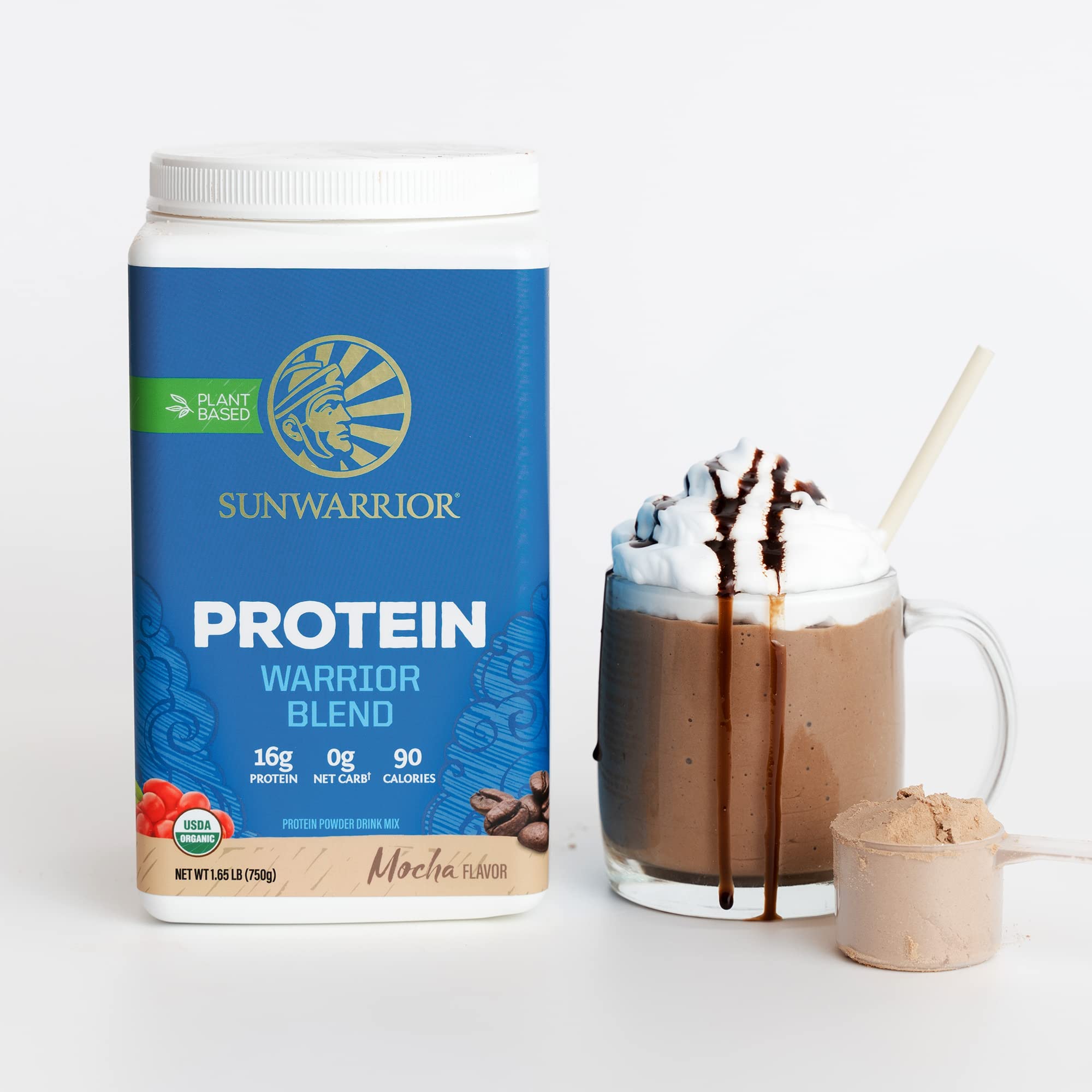 Sunwarrior Warrior Blend Mocha visuals highlight MCTs and BCAA for workout support.