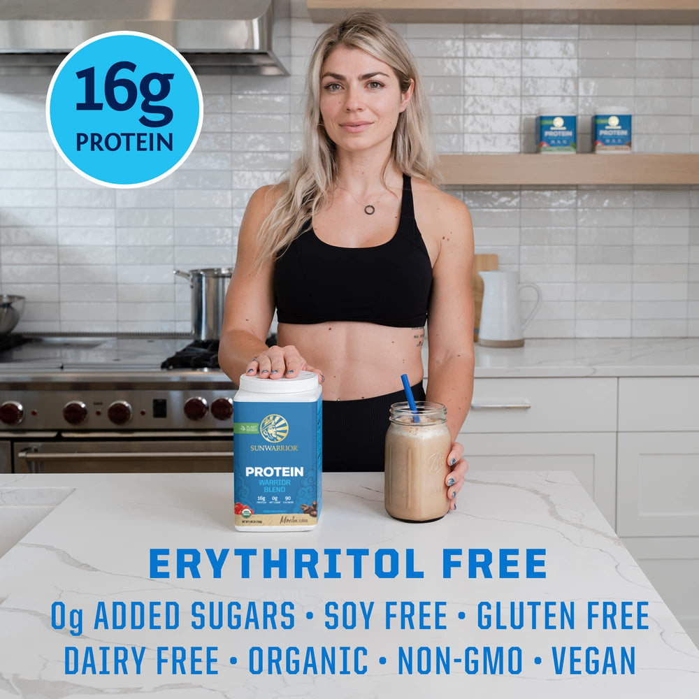 Sunwarrior Warrior Blend Mocha nutrition panel shows 24g protein per serving.