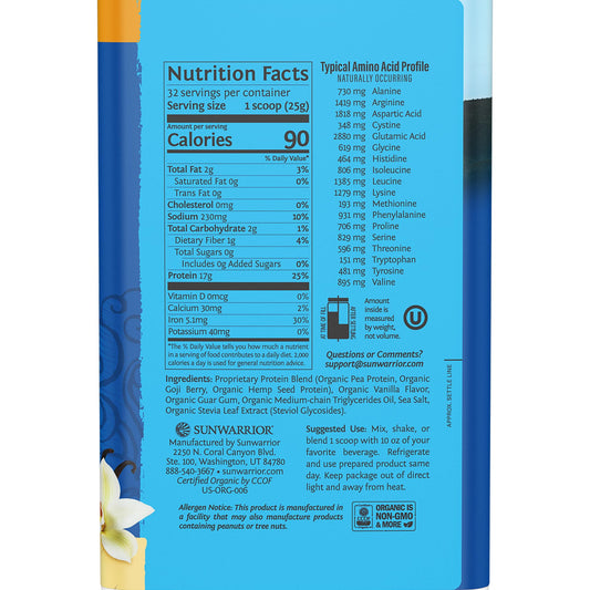 Sunwarrior Warrior Blend vanilla serving highlights a dairy-free post-workout protein