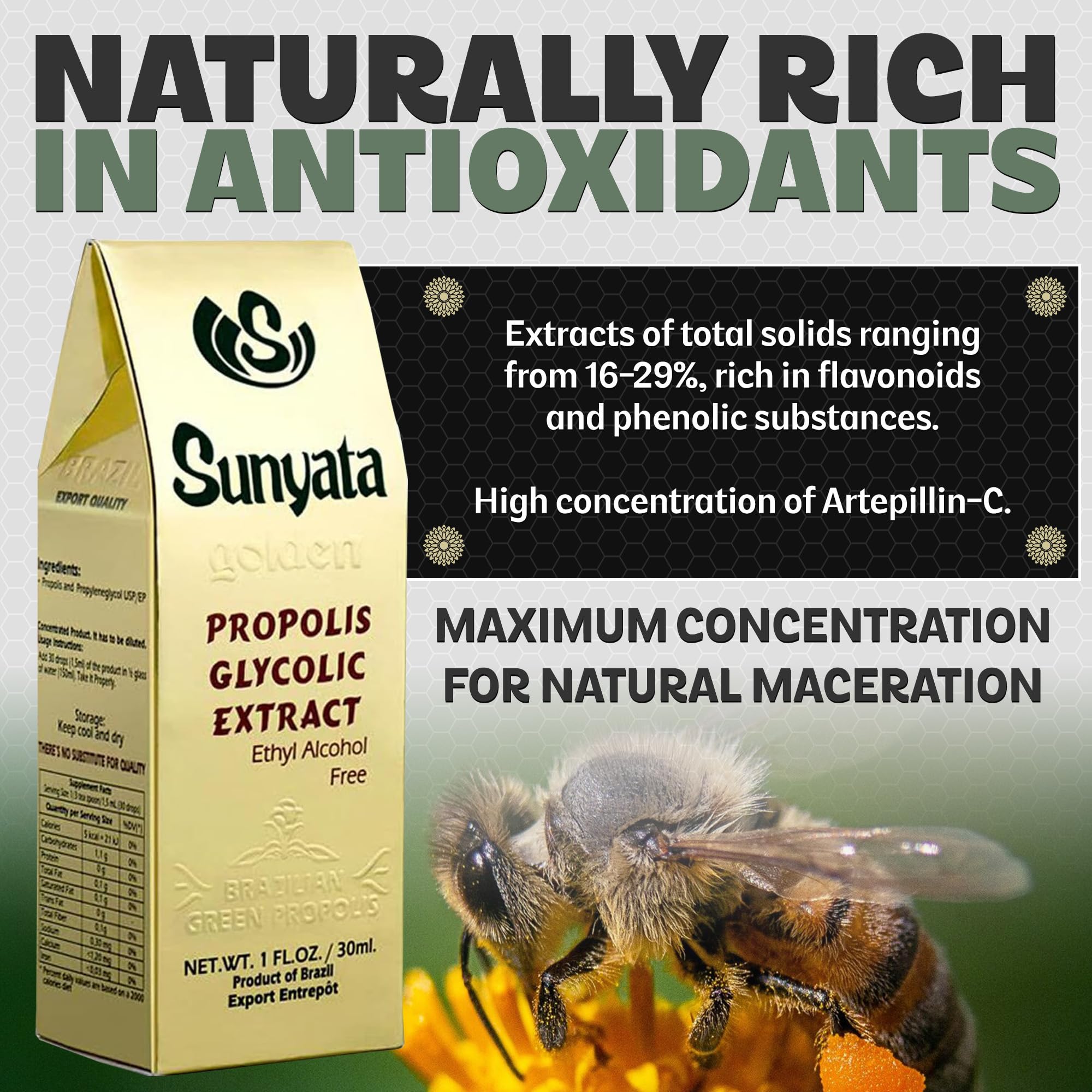 Sunyata Artepillin-C rich extract highlights flavonoid content.
