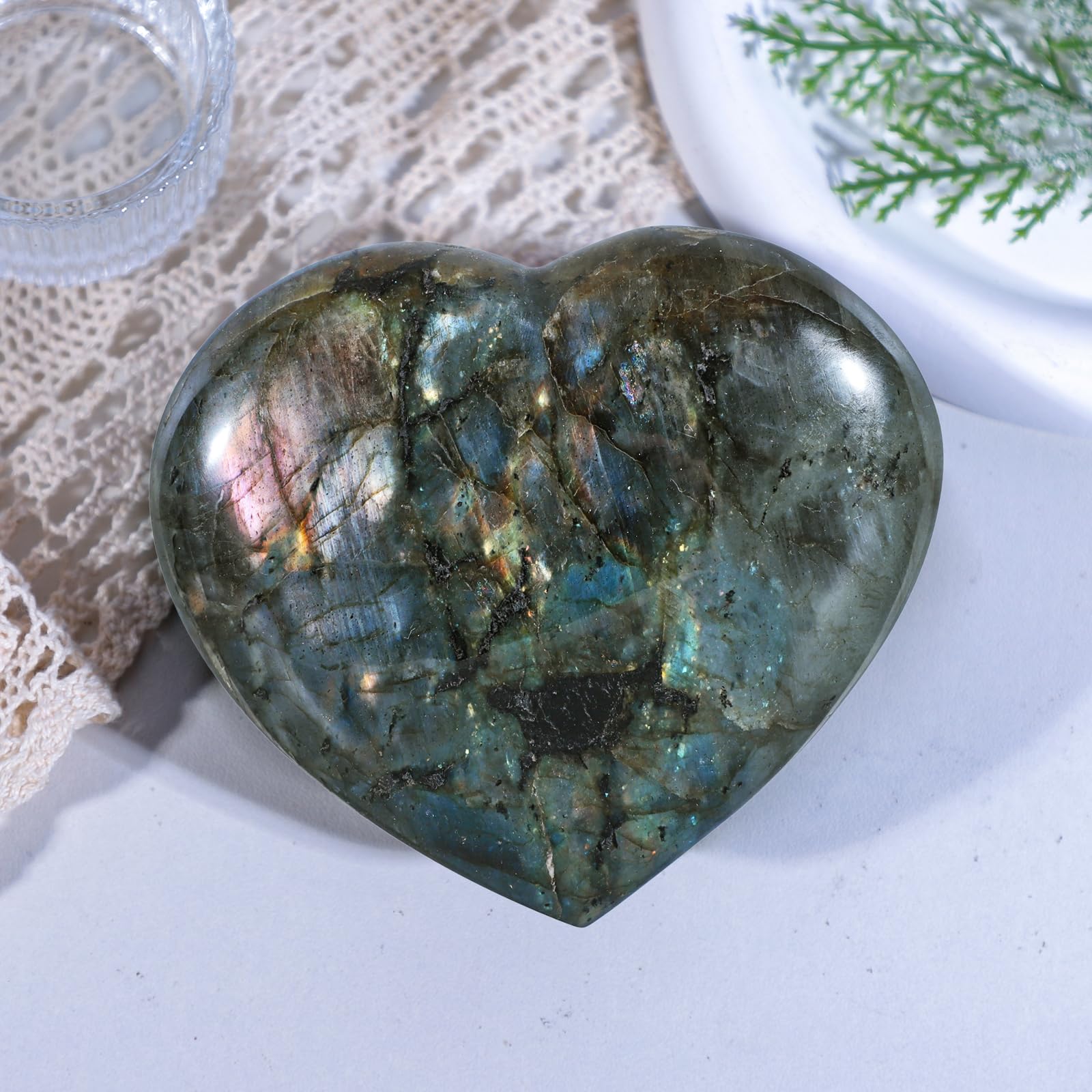 SUNYIK labradorite heart ornament enhances desk or table display.