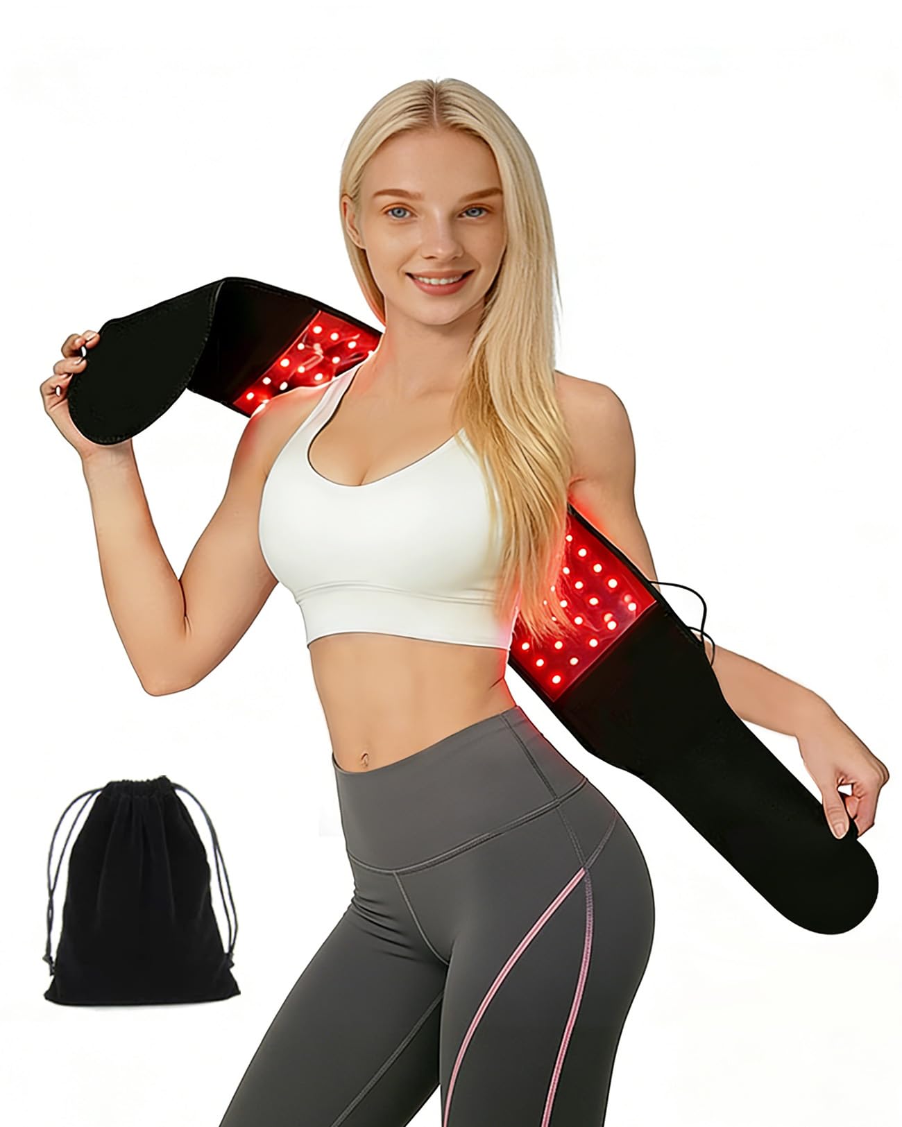 Suokeay Red Light Therapy Belt wrapped on the back area, showing warm, soothing coverage.