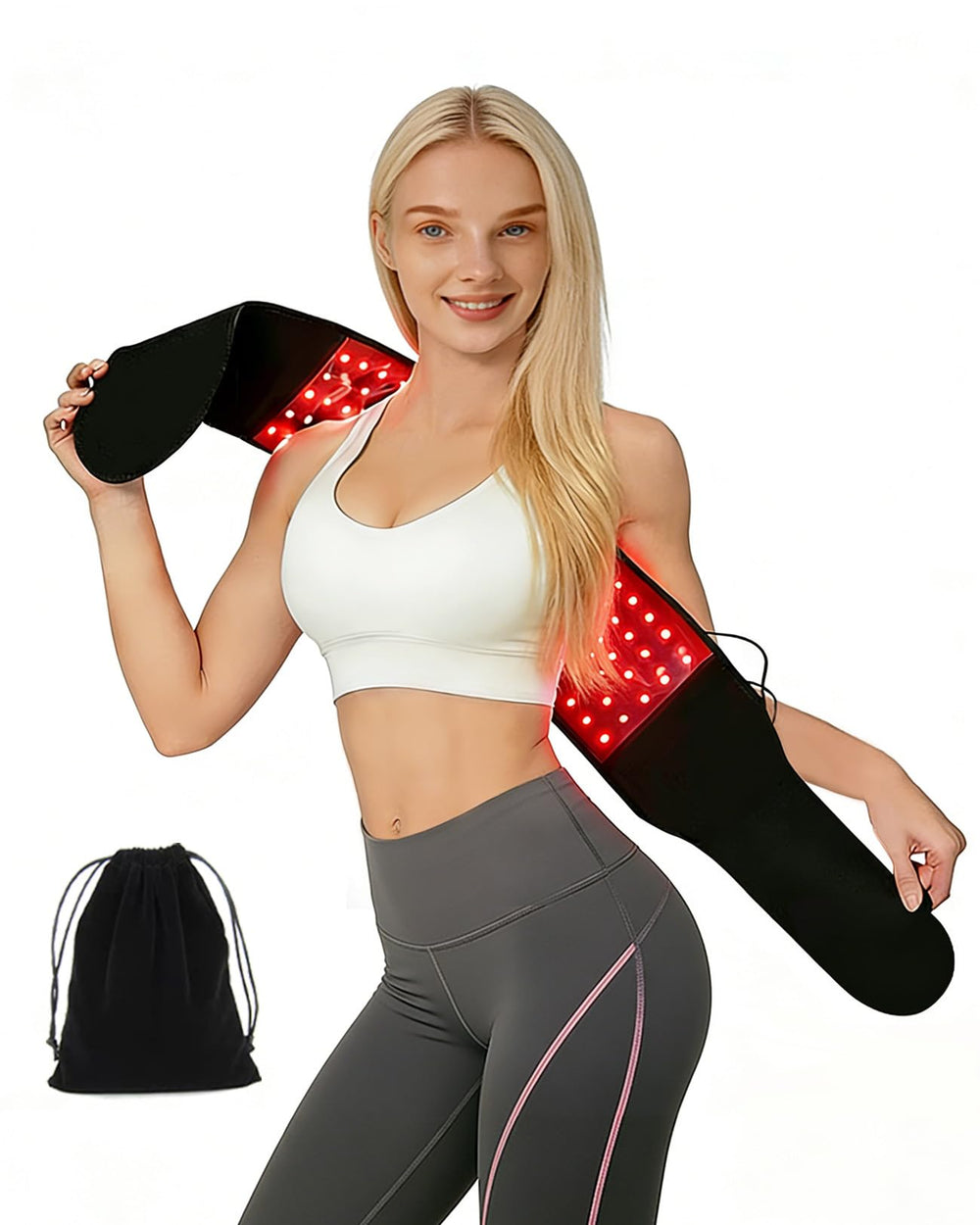 Suokeay Red Light Therapy Belt wrapped on the back area, showing warm, soothing coverage.