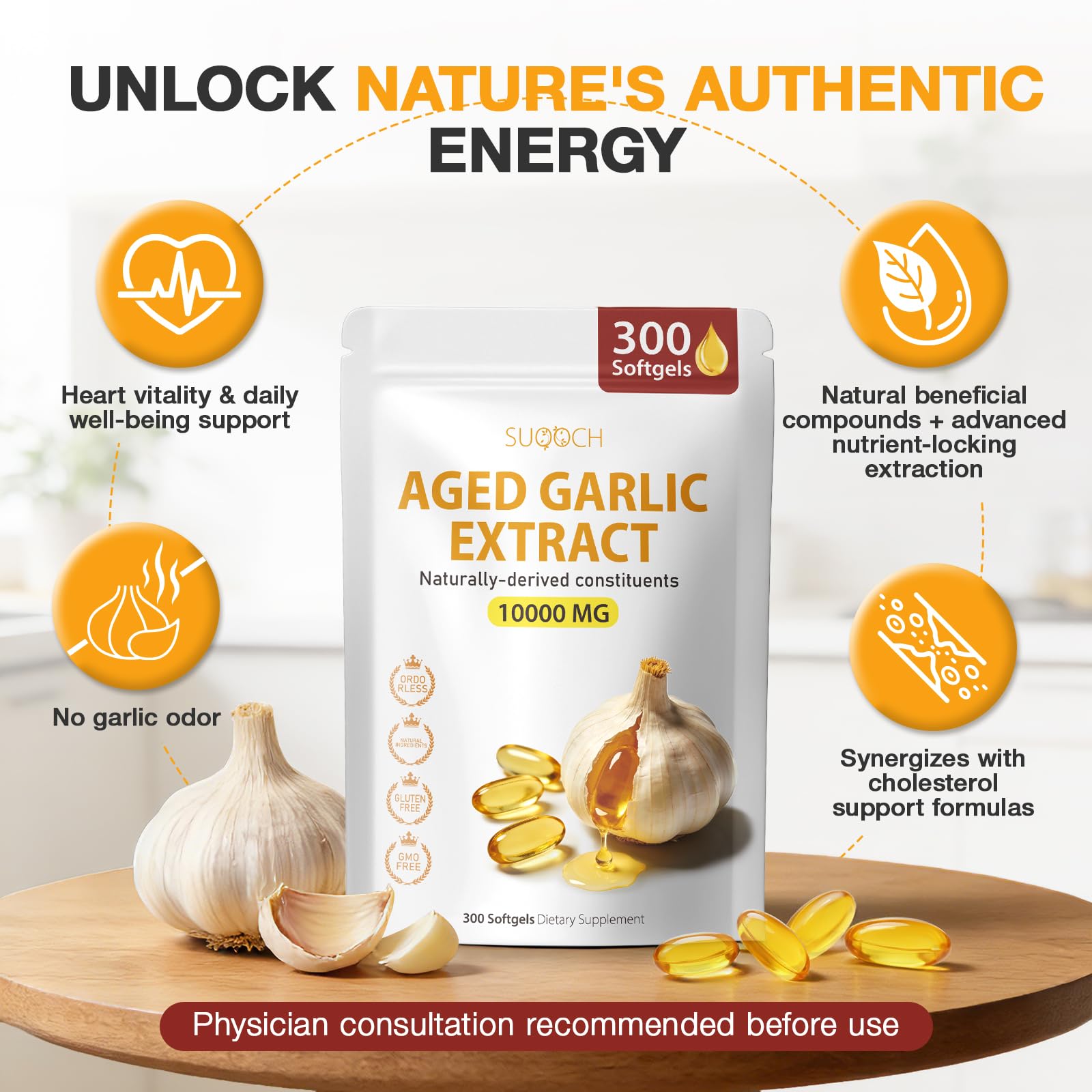 Softgels poured from SUOOCH bottle for easy daily dosage.