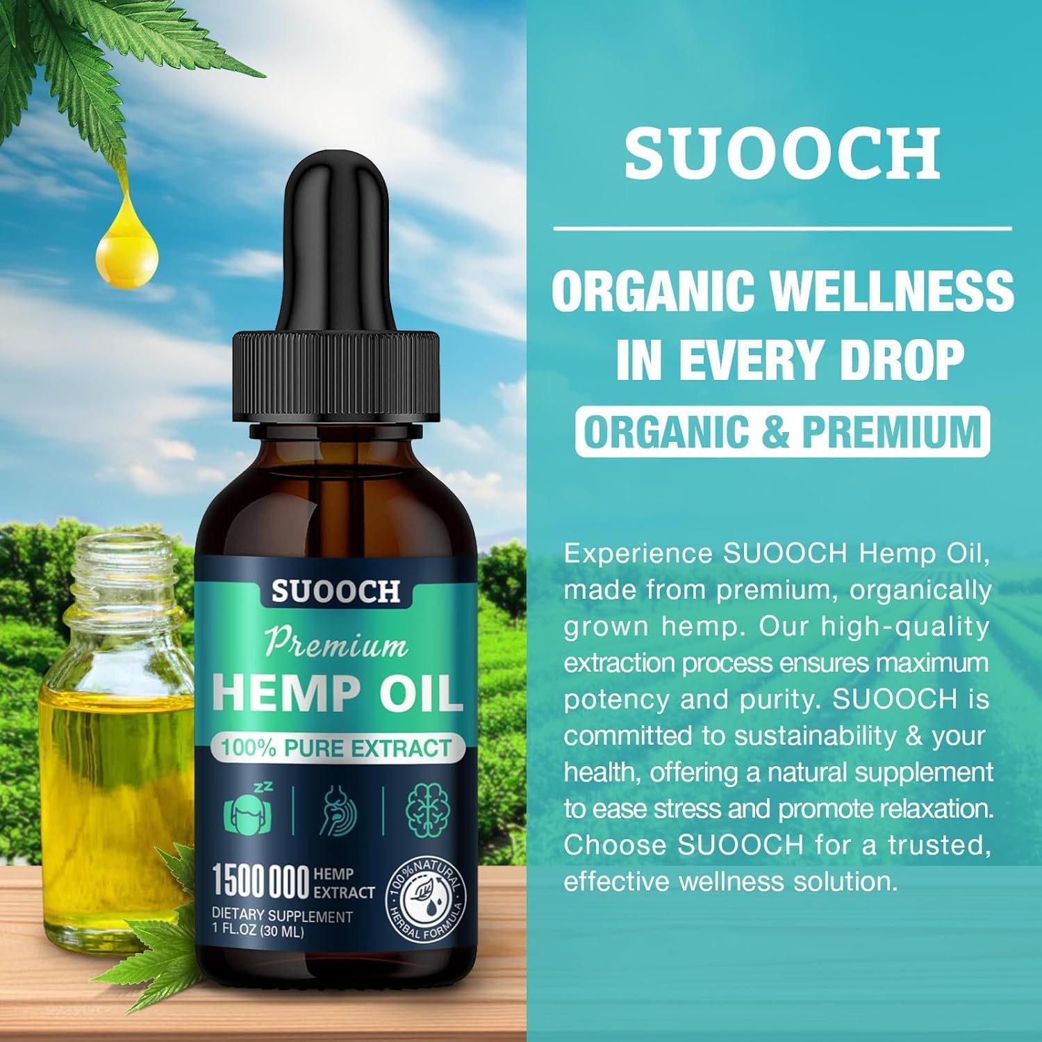 SUOOCH hemp oil bottle close-up with dropper for precise dosing and easy daily use.