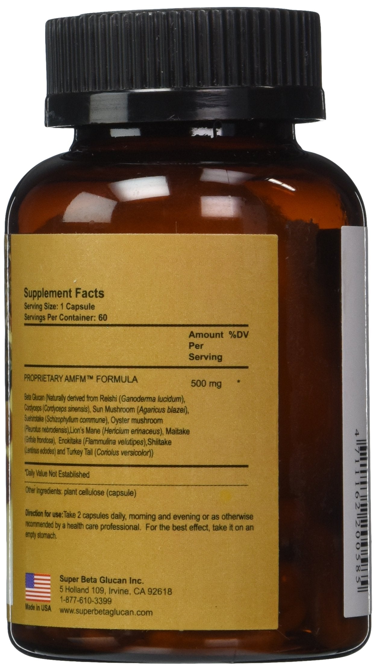 SUPER BETA GLUCAN Mycelium Pro capsules closeup shows 60 capsules and 500 mg potency