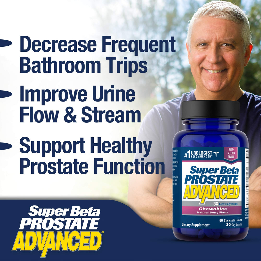 Super Beta Prostate Advanced bottle shows 60 chews for a month.