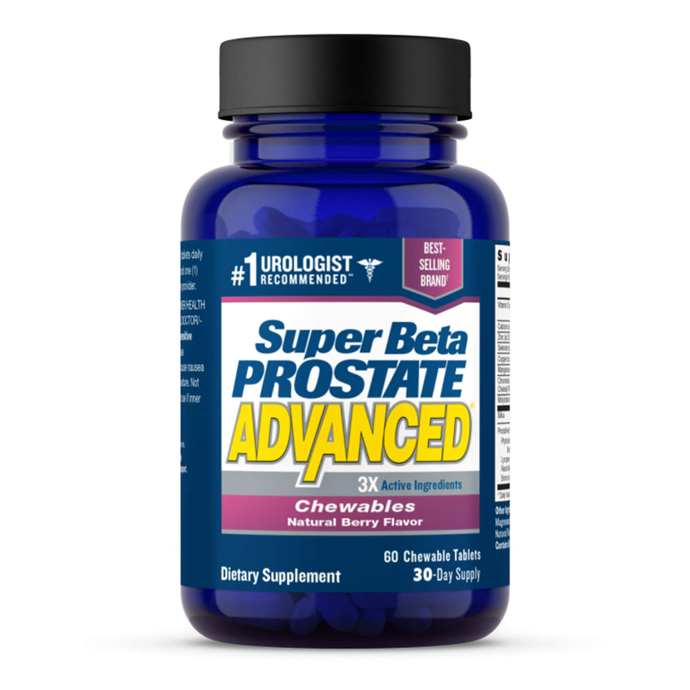 Super Beta Prostate Advanced bottle front, convenient daily chewables for men.
