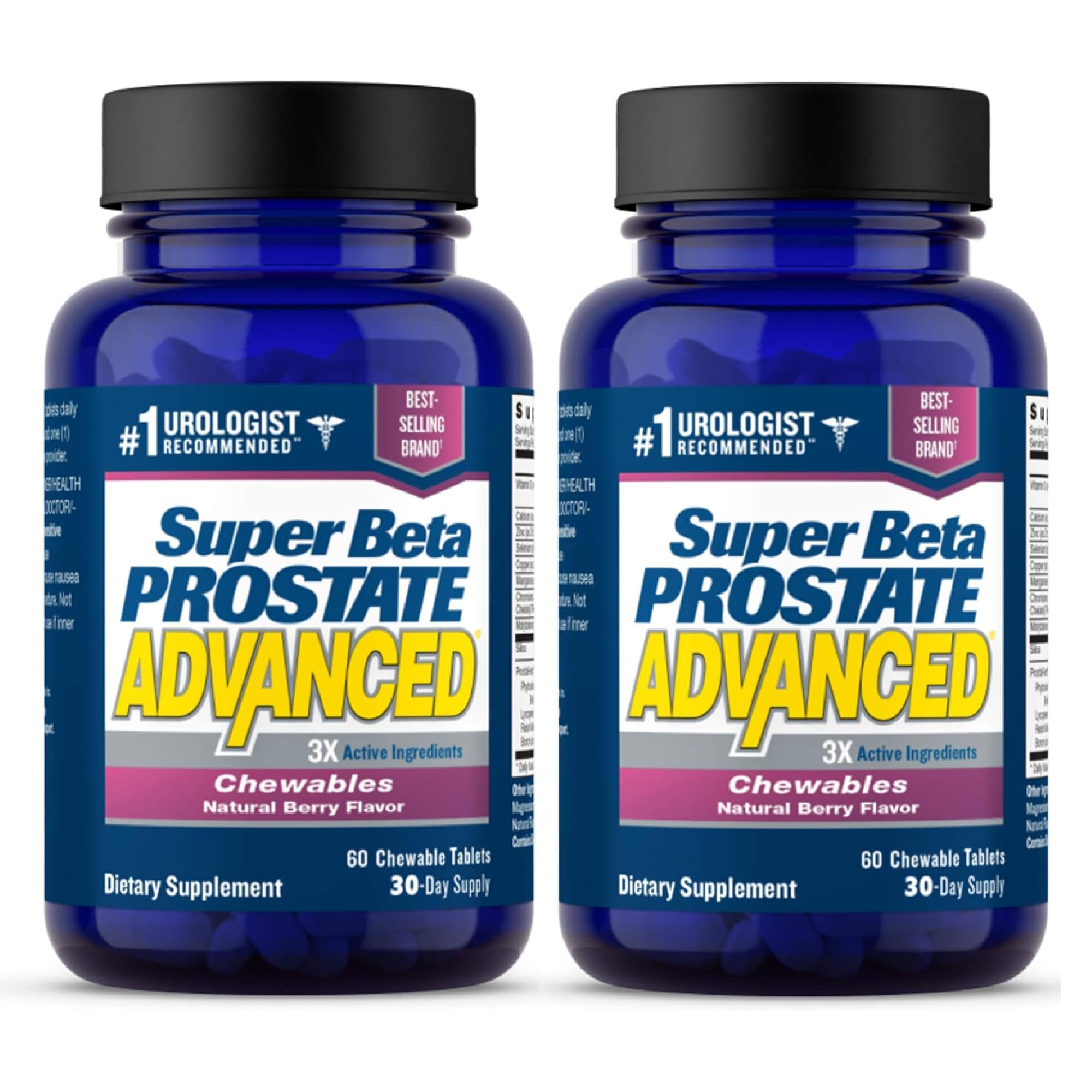Super Beta Prostate Advanced packaging with berry-chew tablets for daily use.
