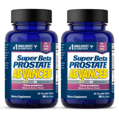Super Beta Prostate Advanced packaging with berry-chew tablets for daily use.