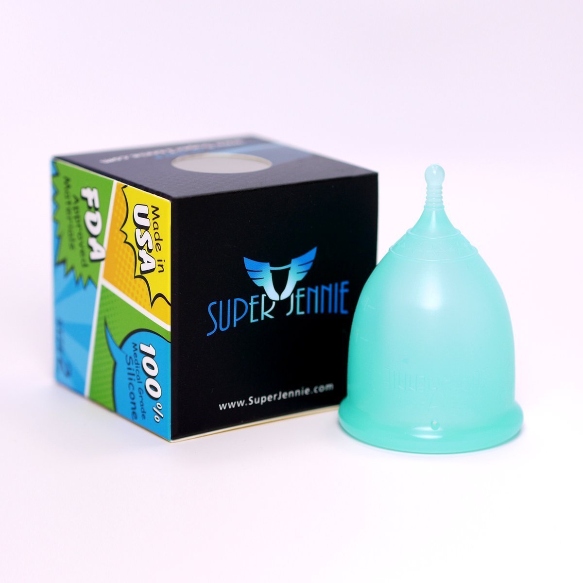 Super Jennie menstrual cup teal closeup shows soft, flexible silicone for comfortable wear