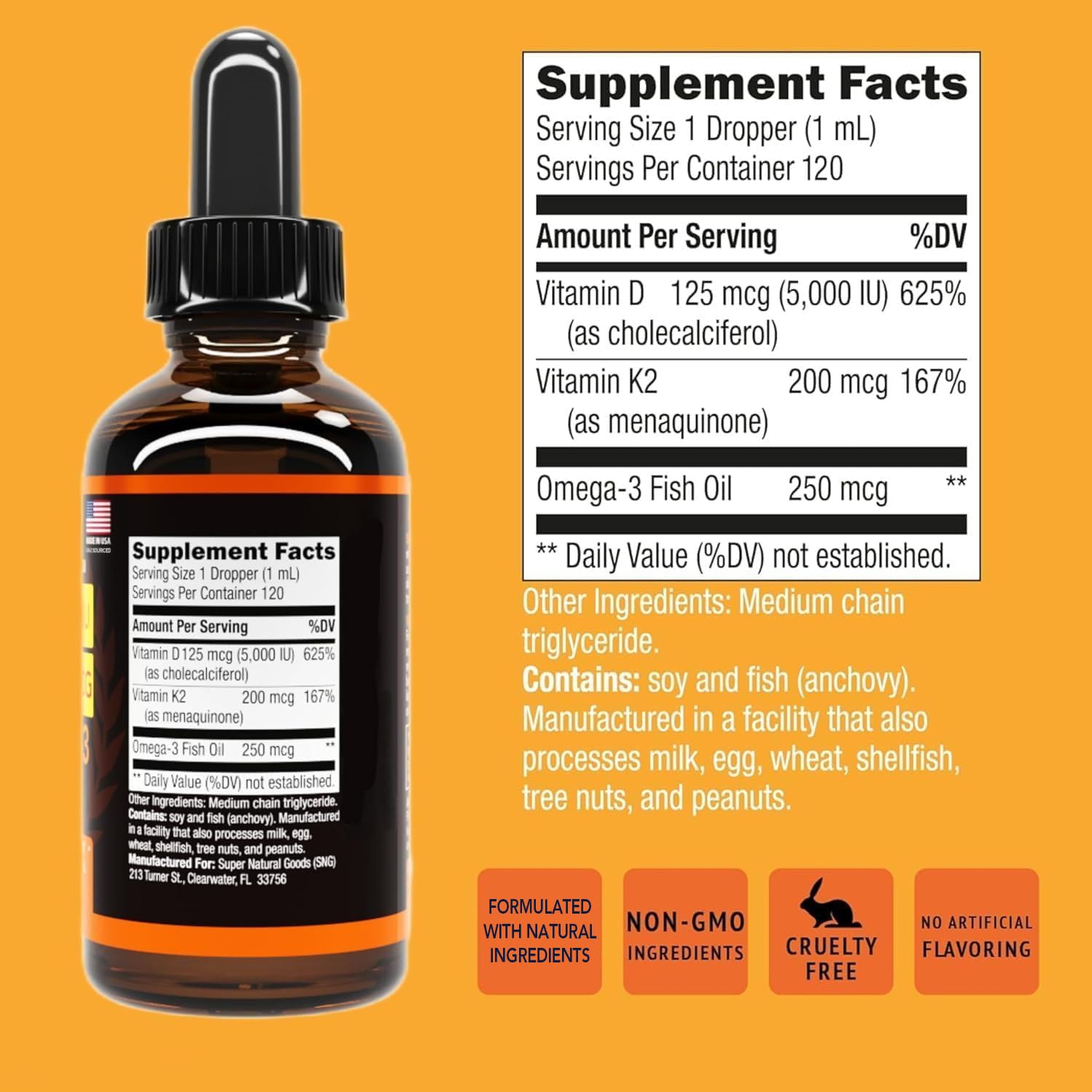 Super Natural Goods D3 K2 liquid with dropper used under tongue for convenient dosing