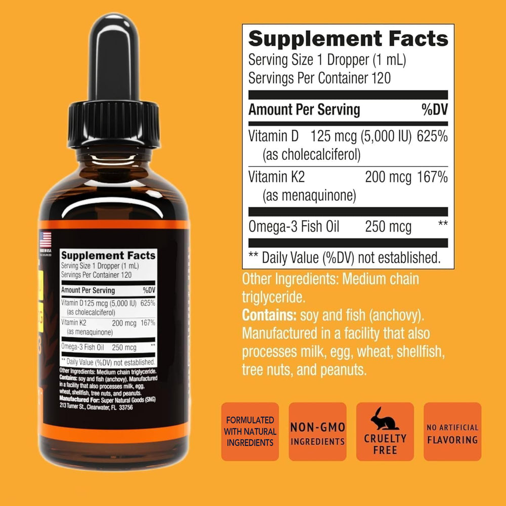 Super Natural Goods D3 K2 liquid with dropper used under tongue for convenient dosing