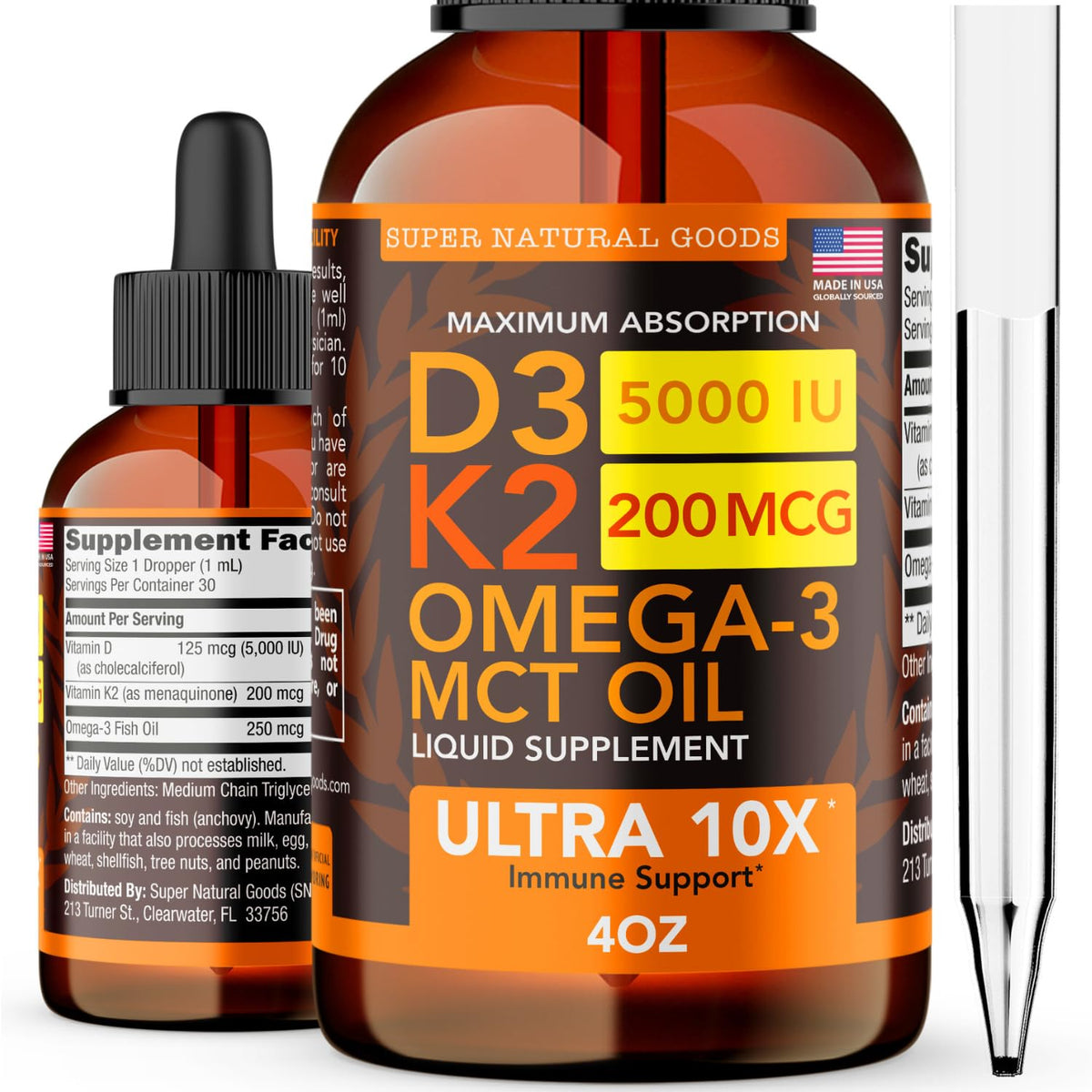 Super Natural Goods Vitamin D3 K2 liquid drops bottle with dropper for fast absorption