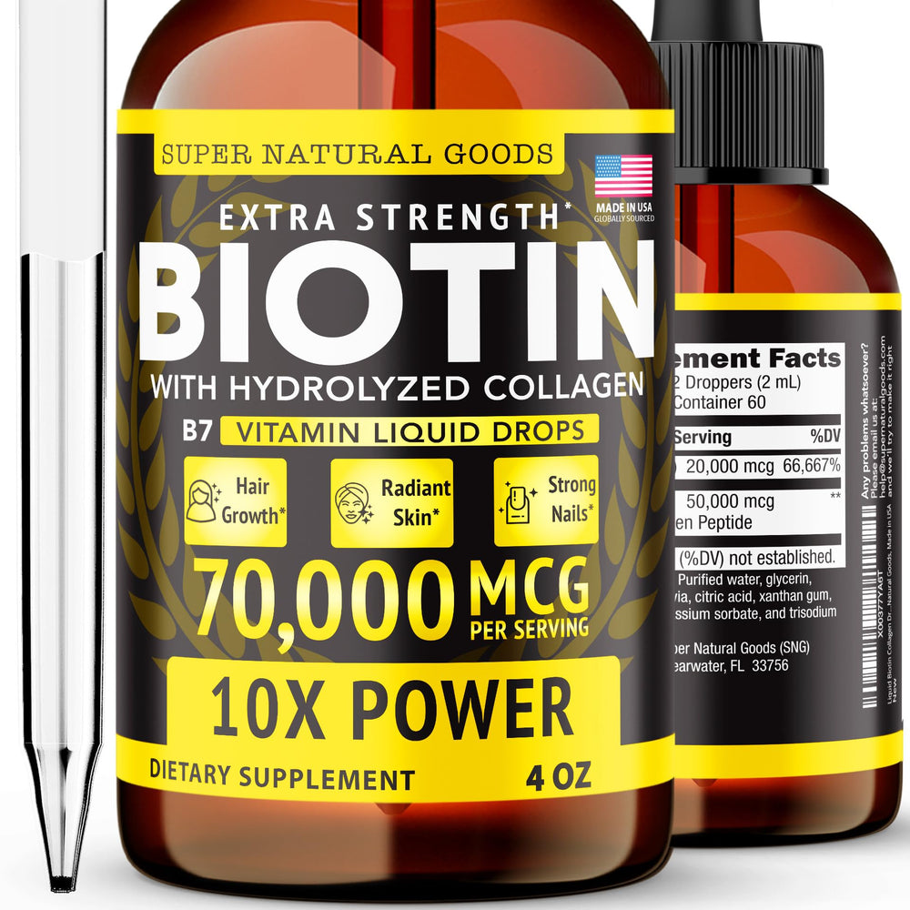 Super Natural Goods liquid biotin and collagen bottle being poured for easy dosing
