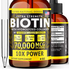 Super Natural Goods liquid biotin and collagen bottle being poured for easy dosing