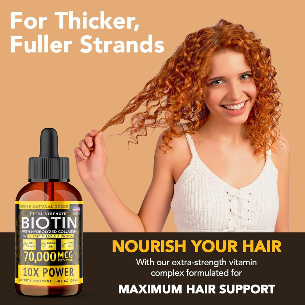 Label on Super Natural Goods bottle shows biotin and collagen ingredients
