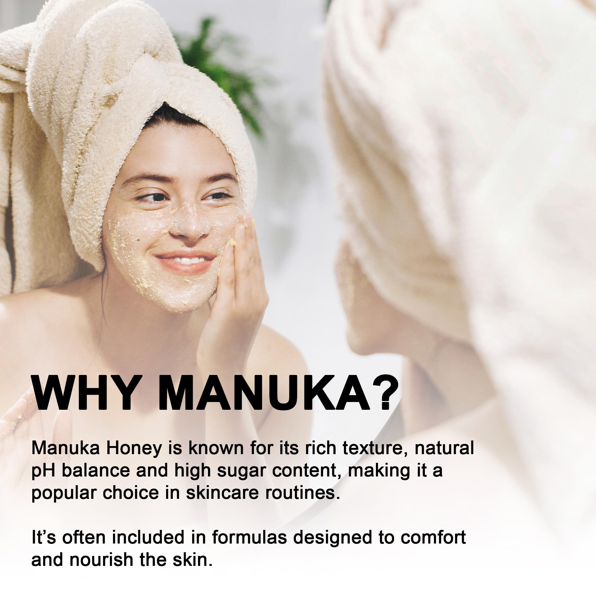 Ingredients highlight aloe vera juice and cocoa butter in Manuka Honey Cream.