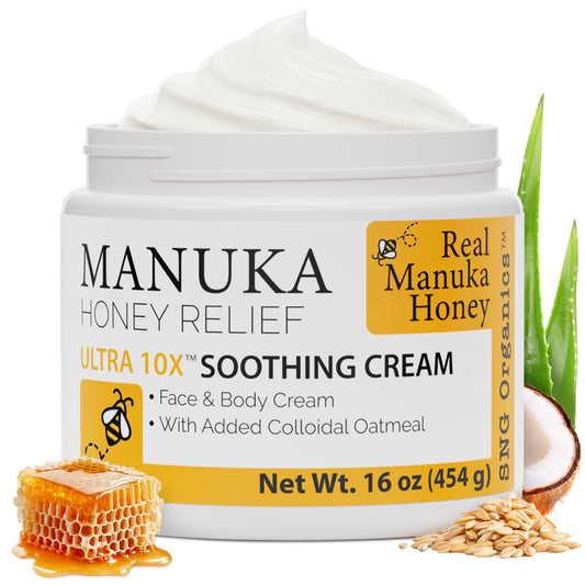 Super Natural Goods Manuka Honey Cream jar showing rich hydration for all skin types.