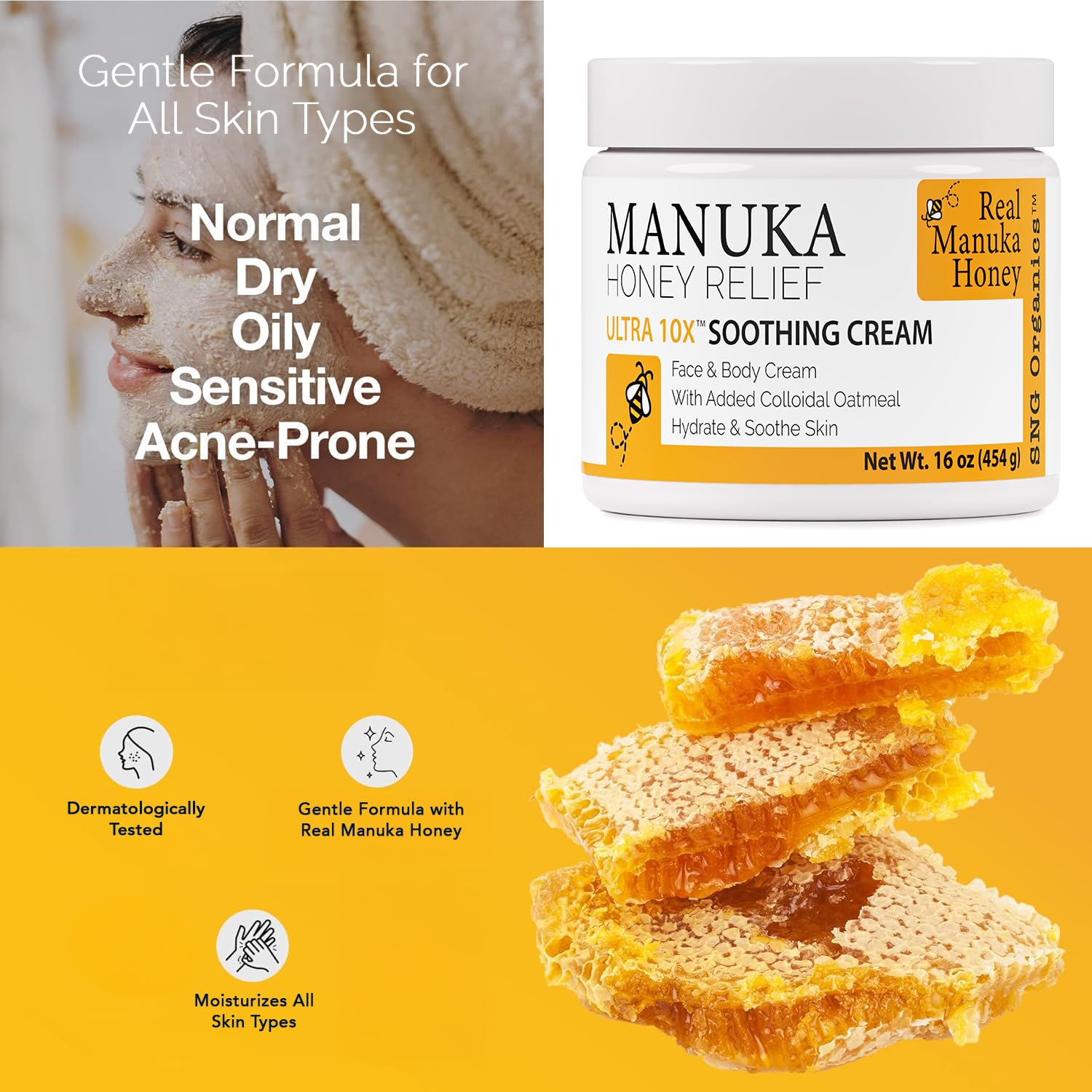 Close-up of Manuka Honey Cream texture for deep moisture on skin.