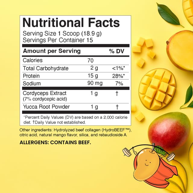 SUPER POWER PROTEIN mango powder scoop for quick post-workout protein boost.