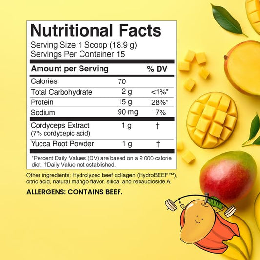 SUPER POWER PROTEIN mango powder scoop for quick post-workout protein boost.