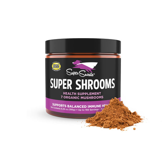 Super Snouts Super Shrooms bottle front view supports daily immune health for pets.