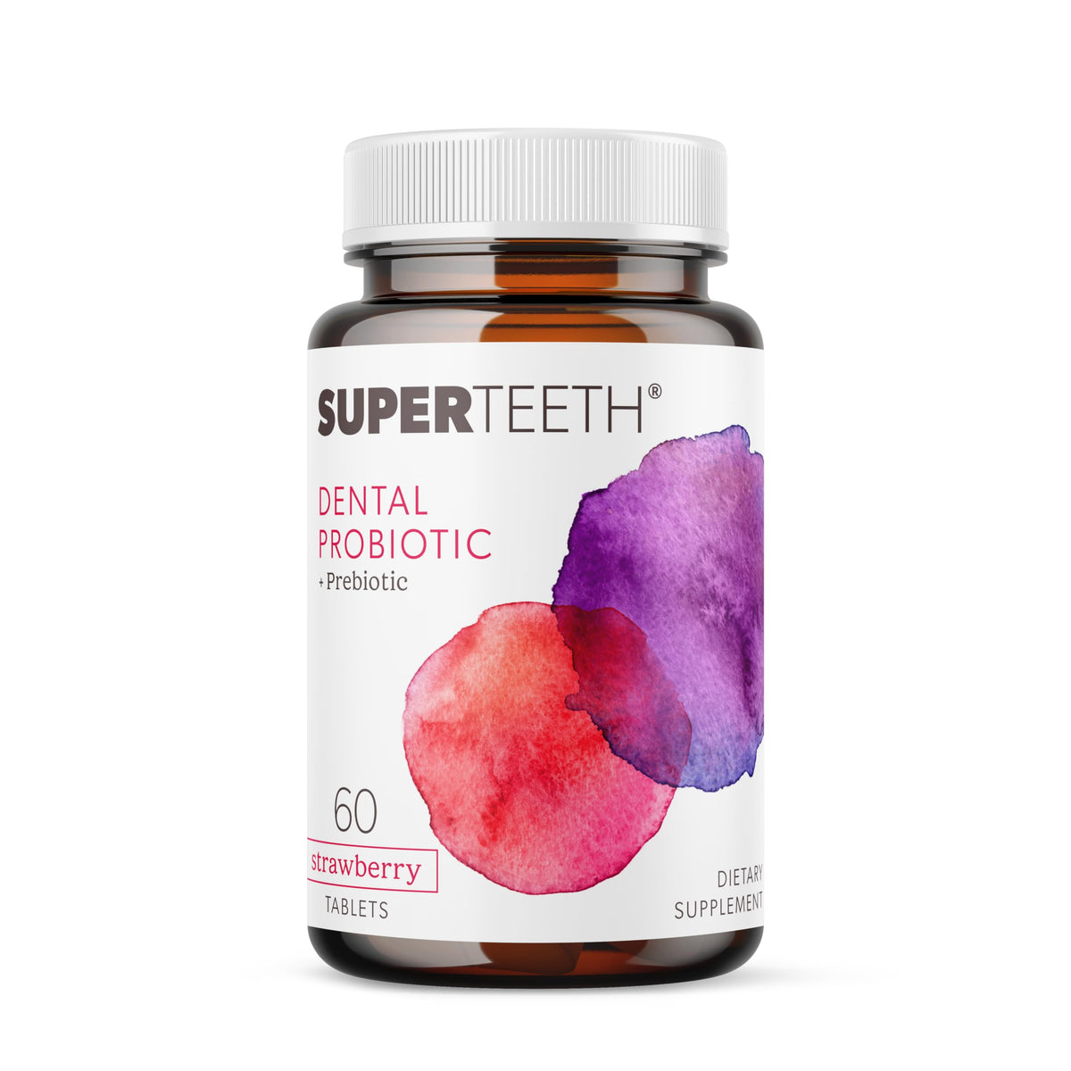 SUPER TEETH bottle with strawberry tablets promotes fresh breath daily.