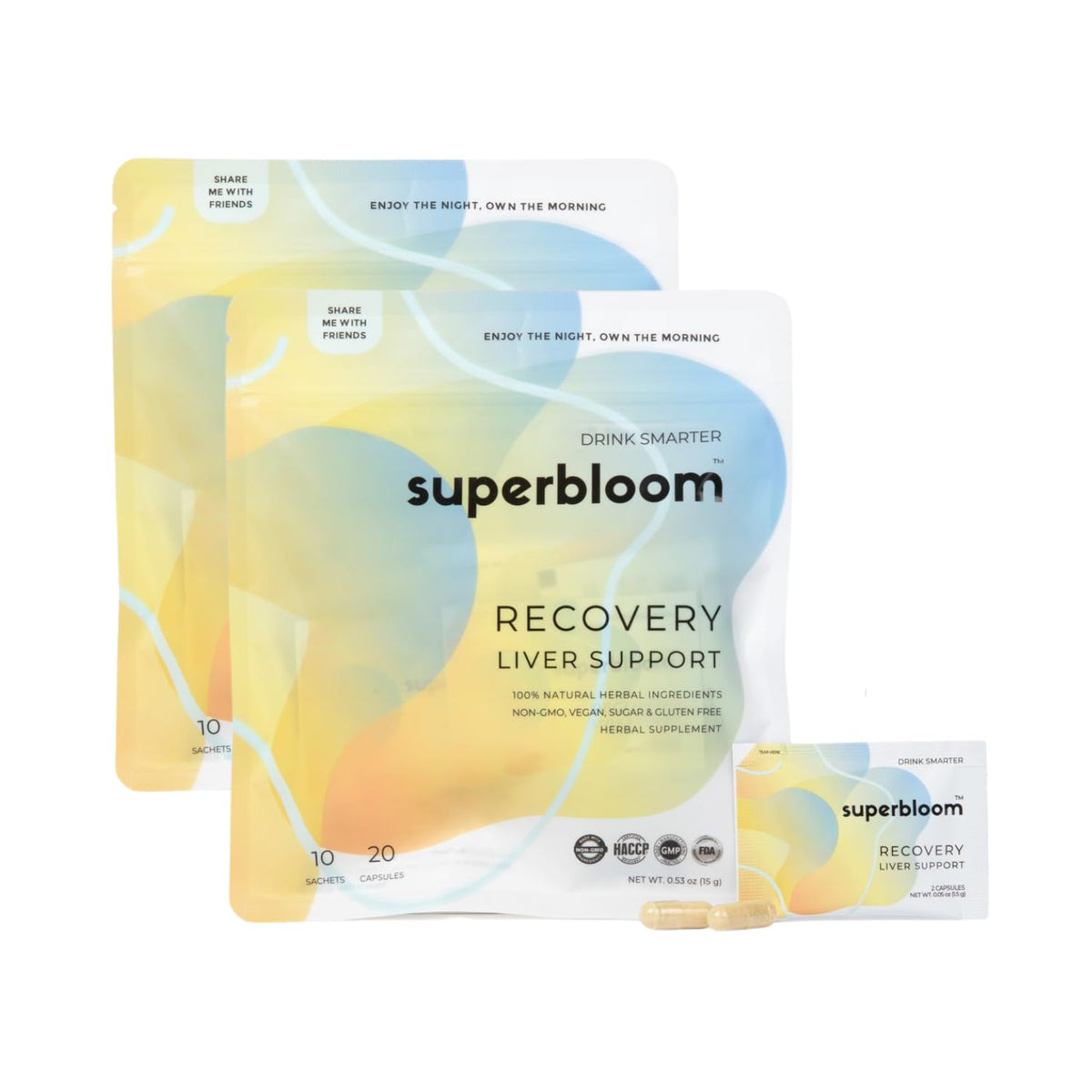 Superbloom Recovery Liver Support bottle with capsules for morning vitality.