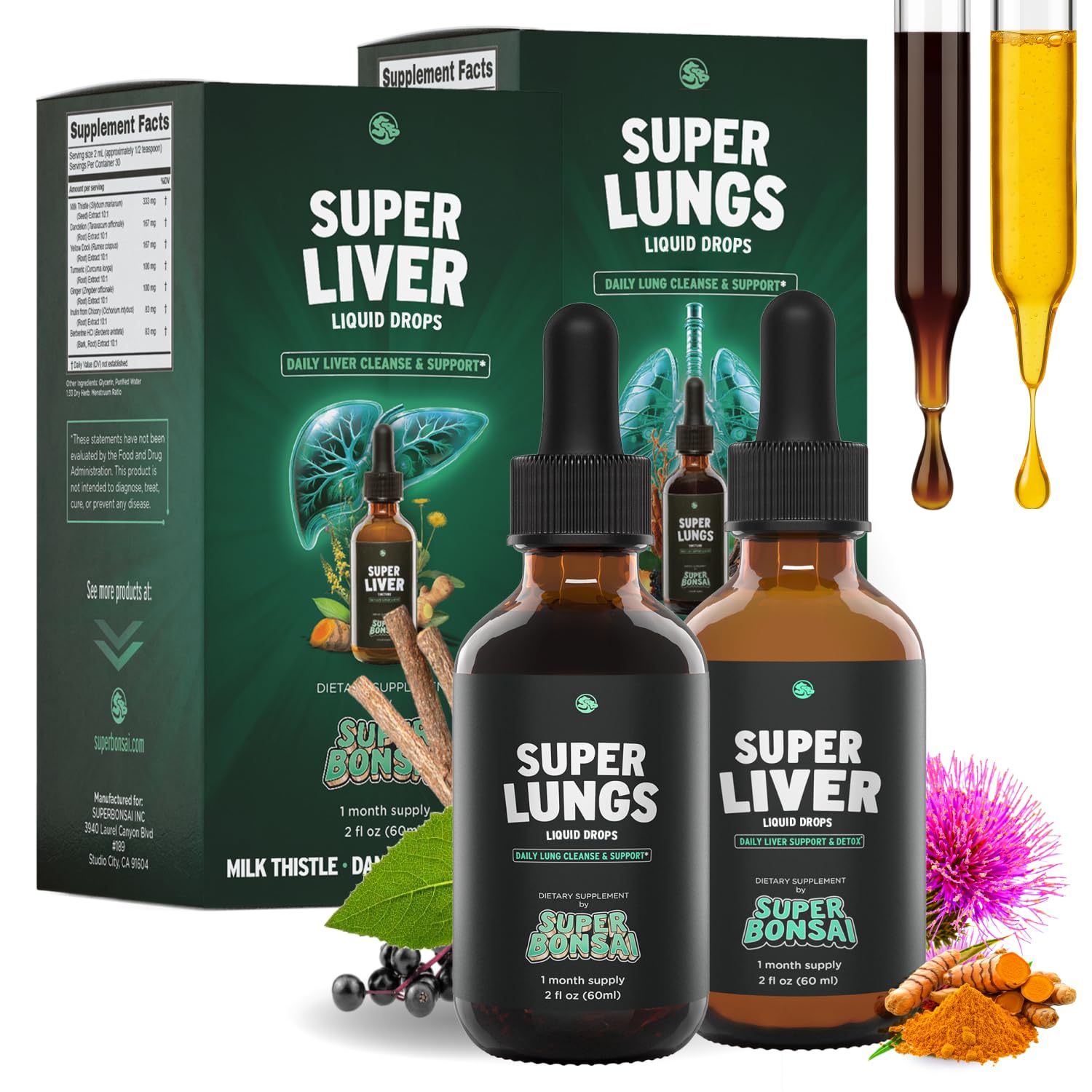 SuperBonsai Super Liver & Super Lungs bundle front label showcases a clean plant based wellness solution