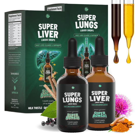 SuperBonsai Super Liver & Super Lungs bundle front label showcases a clean plant based wellness solution