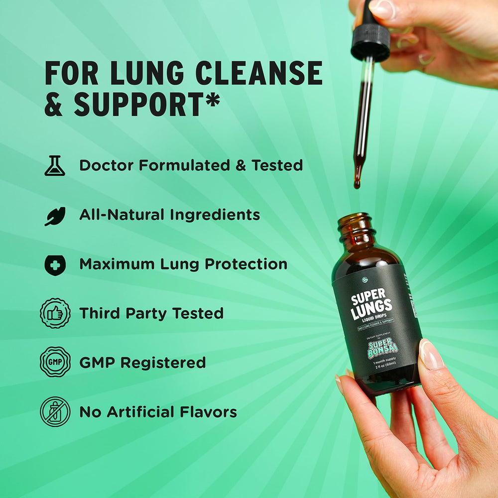 SuperBonsai Super Lungs ingredients label highlights mullein and elderberry blend.