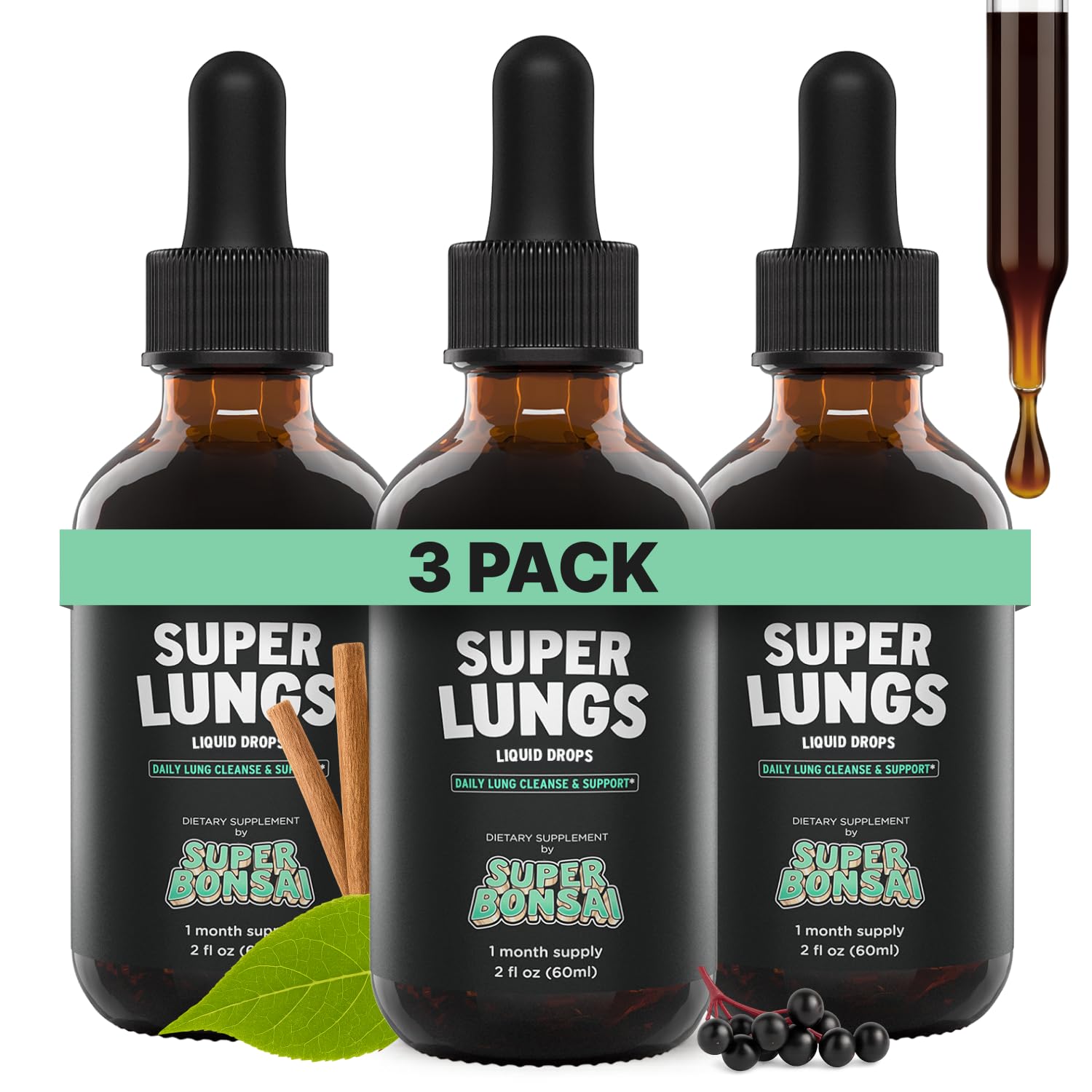 SuperBonsai Super Lungs bottle shows the herbal tincture for daily respiratory support.