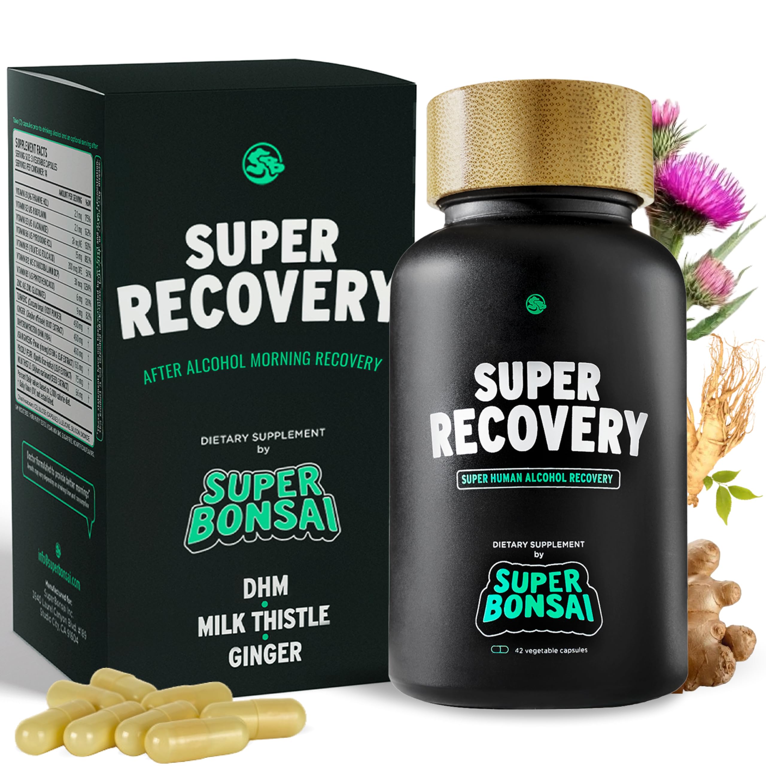 SuperBonsai Super Recovery bottle on kitchen counter supports post-celebration comfort.