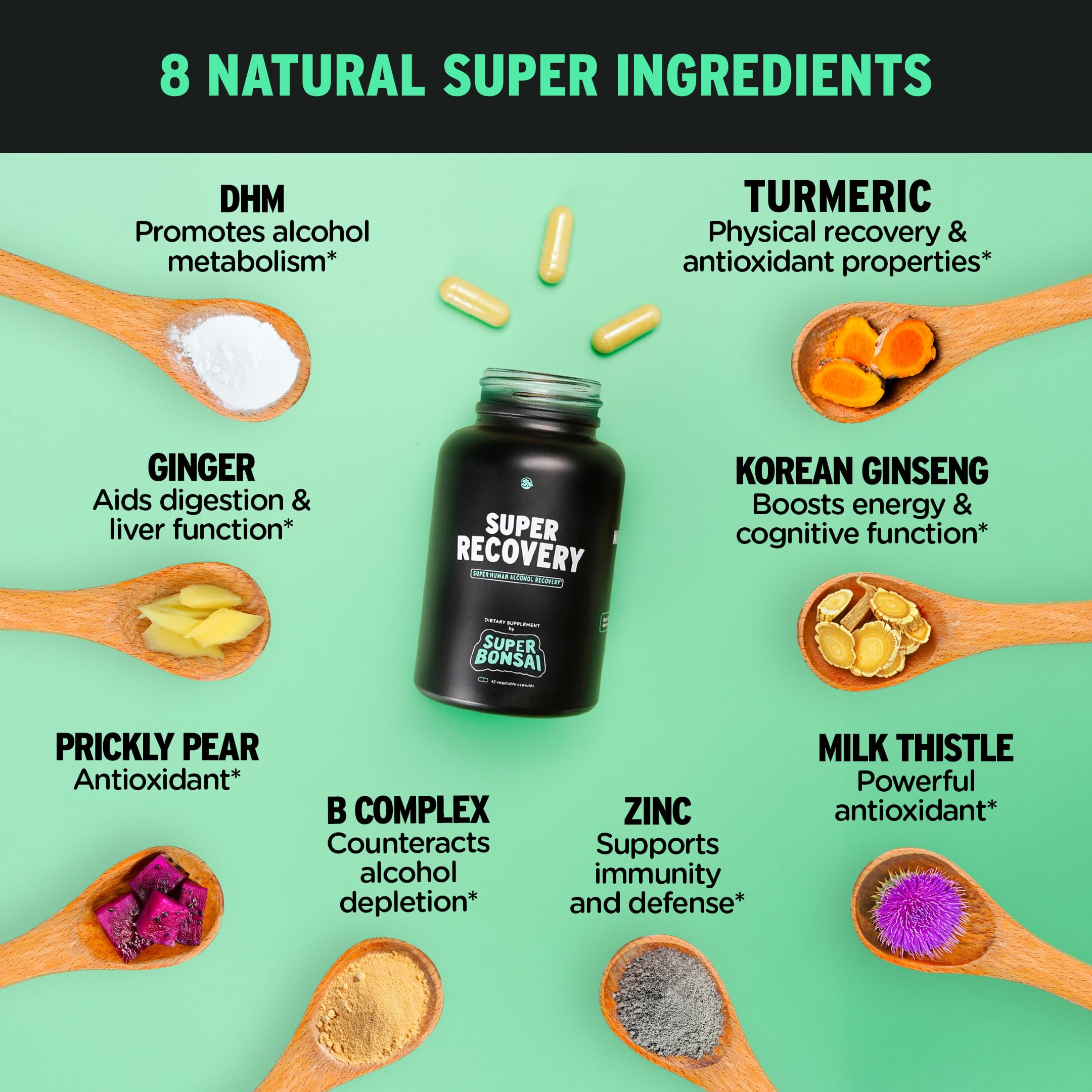 SuperBonsai Super Recovery capsules close-up highlighting vegan formula