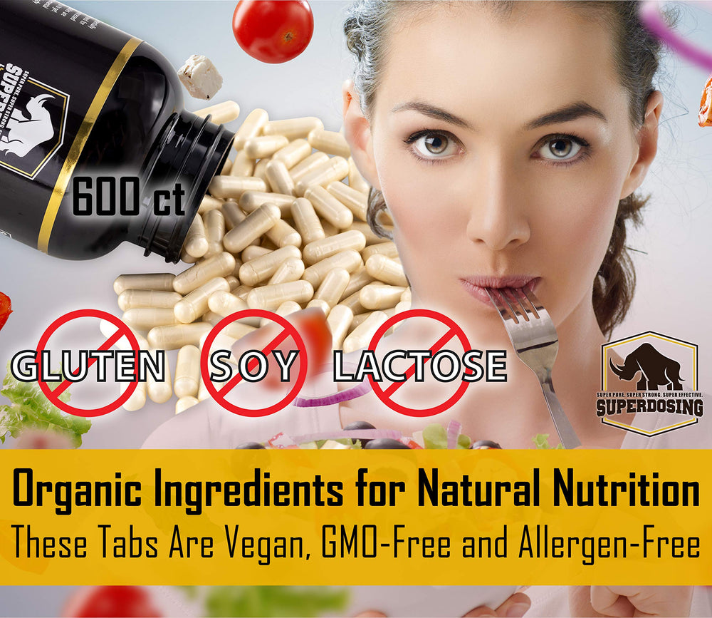 SuperDosing organic acacia ingredients label highlights vegan and allergen-free digestion-friendly fiber.