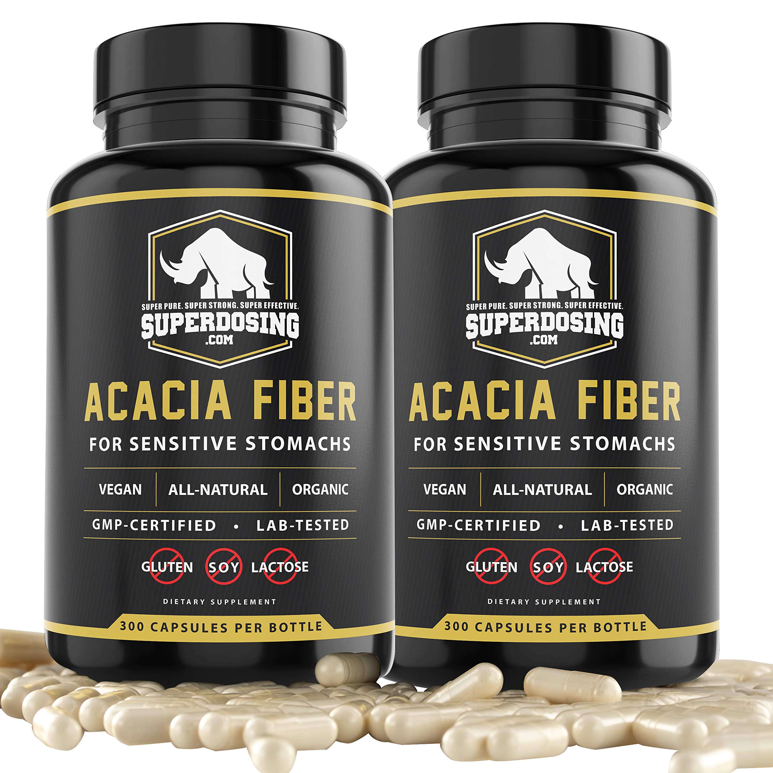 SuperDosing Acacia Senegal capsules in a bottle provide gentle gut support and daily fiber.