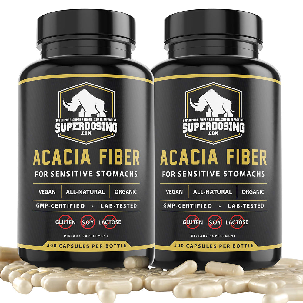 SuperDosing Acacia Senegal capsules in a bottle provide gentle gut support and daily fiber.