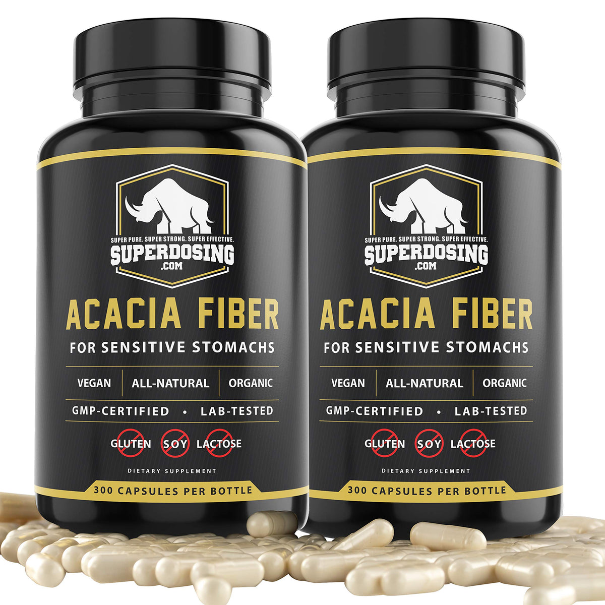 SuperDosing Acacia Senegal capsules in a bottle provide gentle gut support and daily fiber.