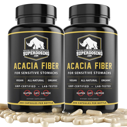 SuperDosing Acacia Senegal capsules in a bottle provide gentle gut support and daily fiber.