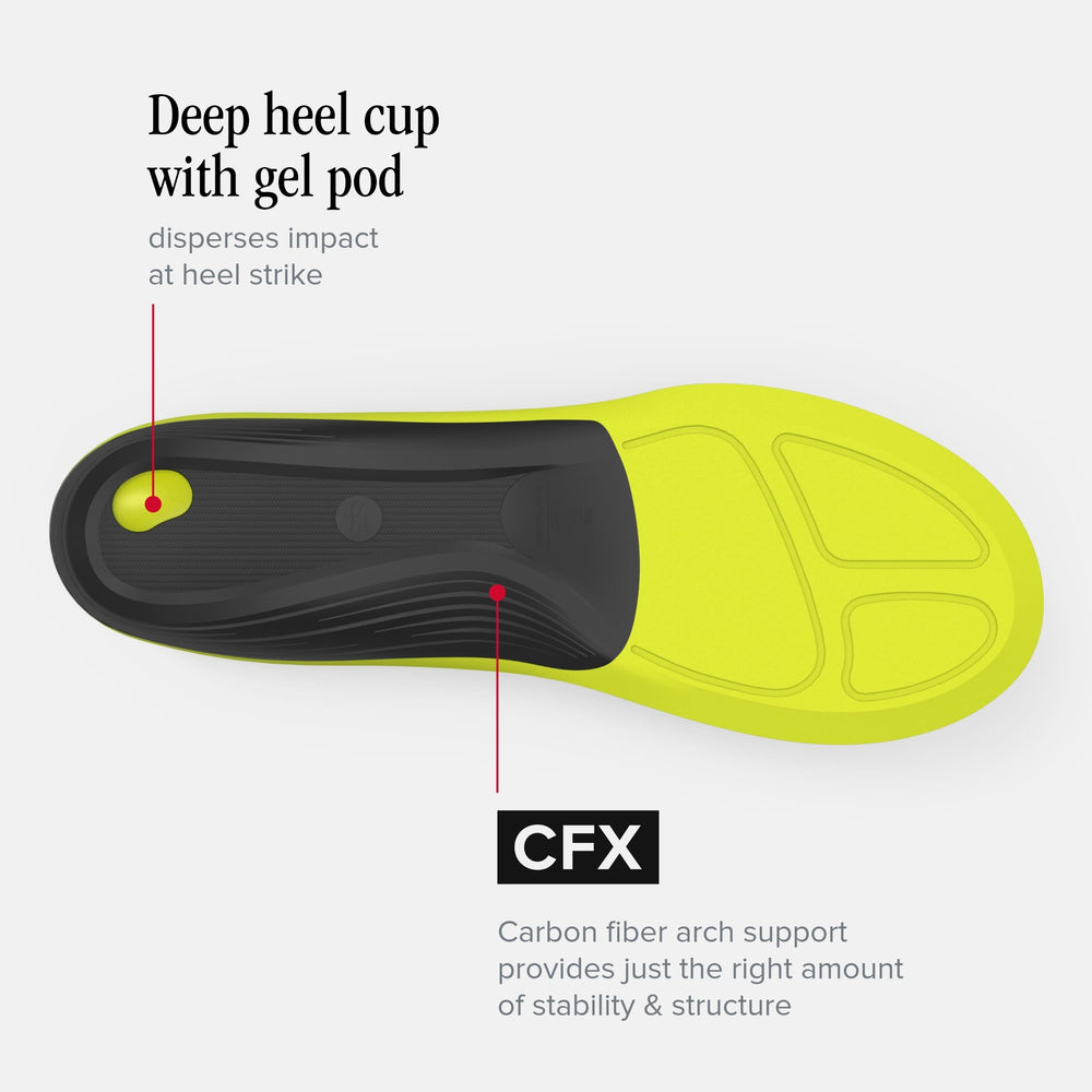 Superfeet CFX deep heel cup cushions the heel and protects during impact.