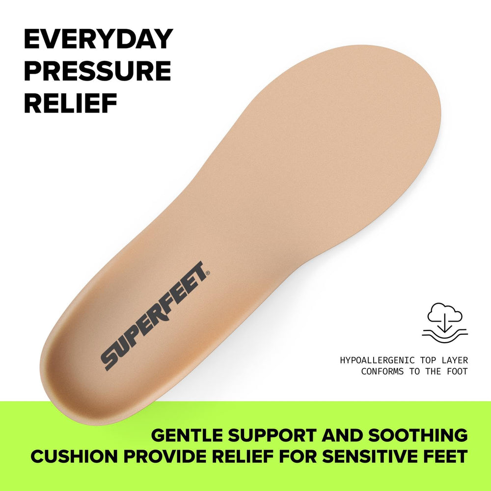 Superfeet Everyday adaptive cushioning illustrates pressure-point relief for a personalized fit.