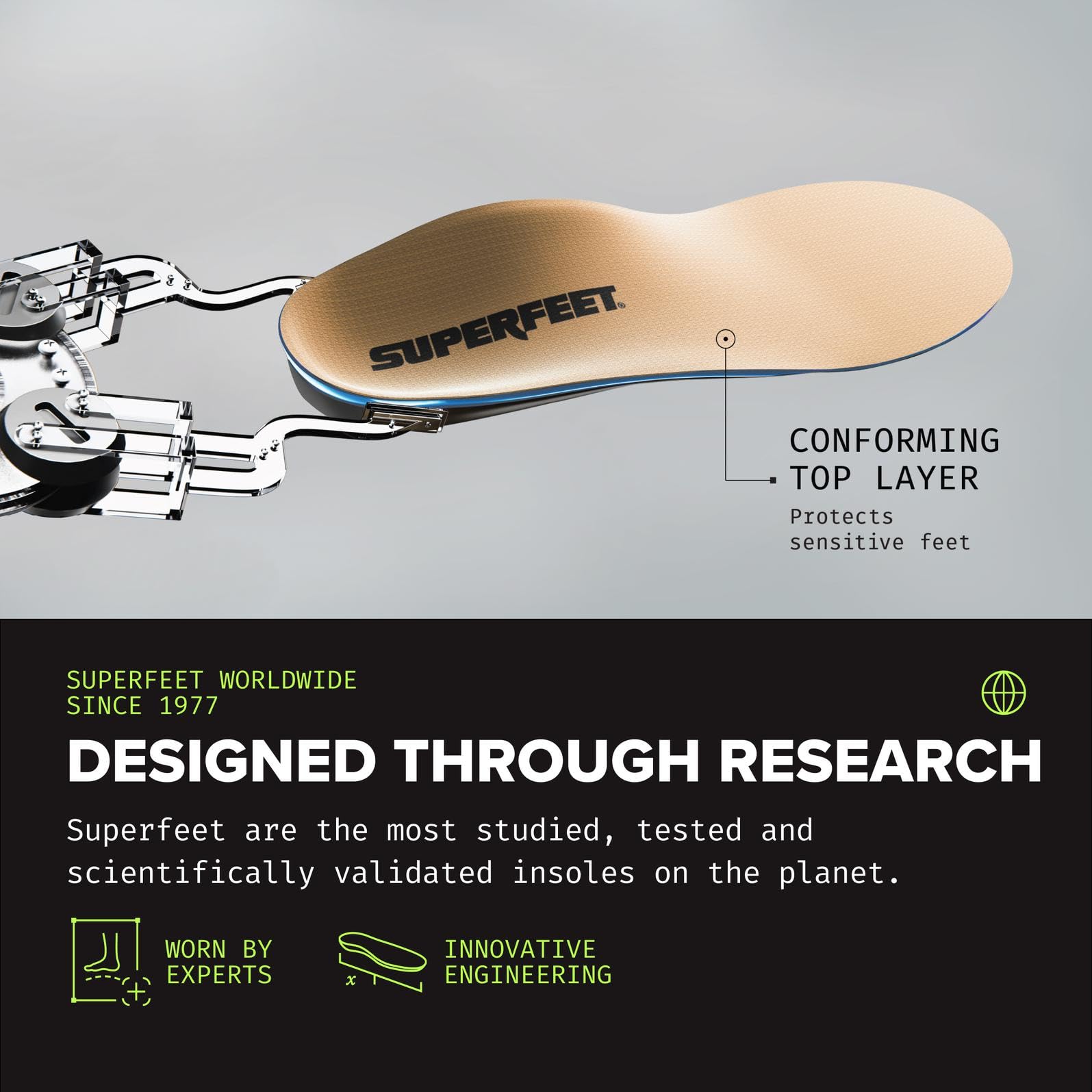 Superfeet Trim-to-fit design insole replacement close-up showing easy cutting guide.