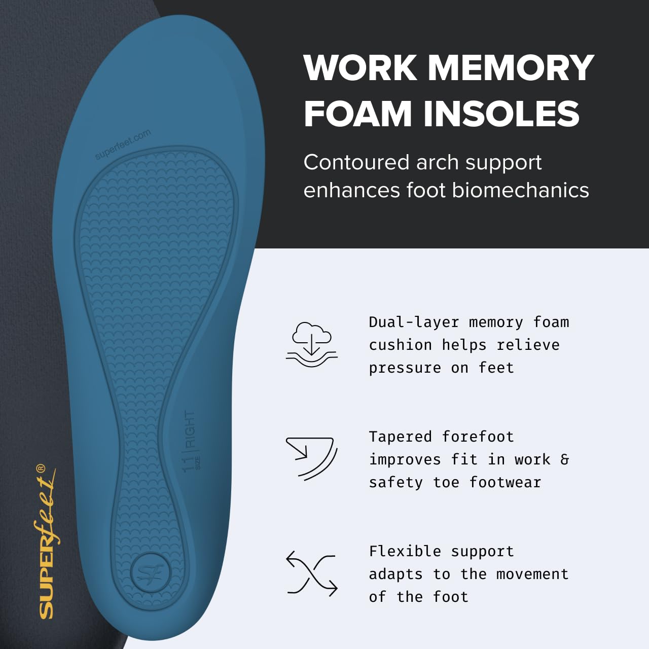 Superfeet Work memory foam insoles with tapered forefoot design for a snug boot fit.