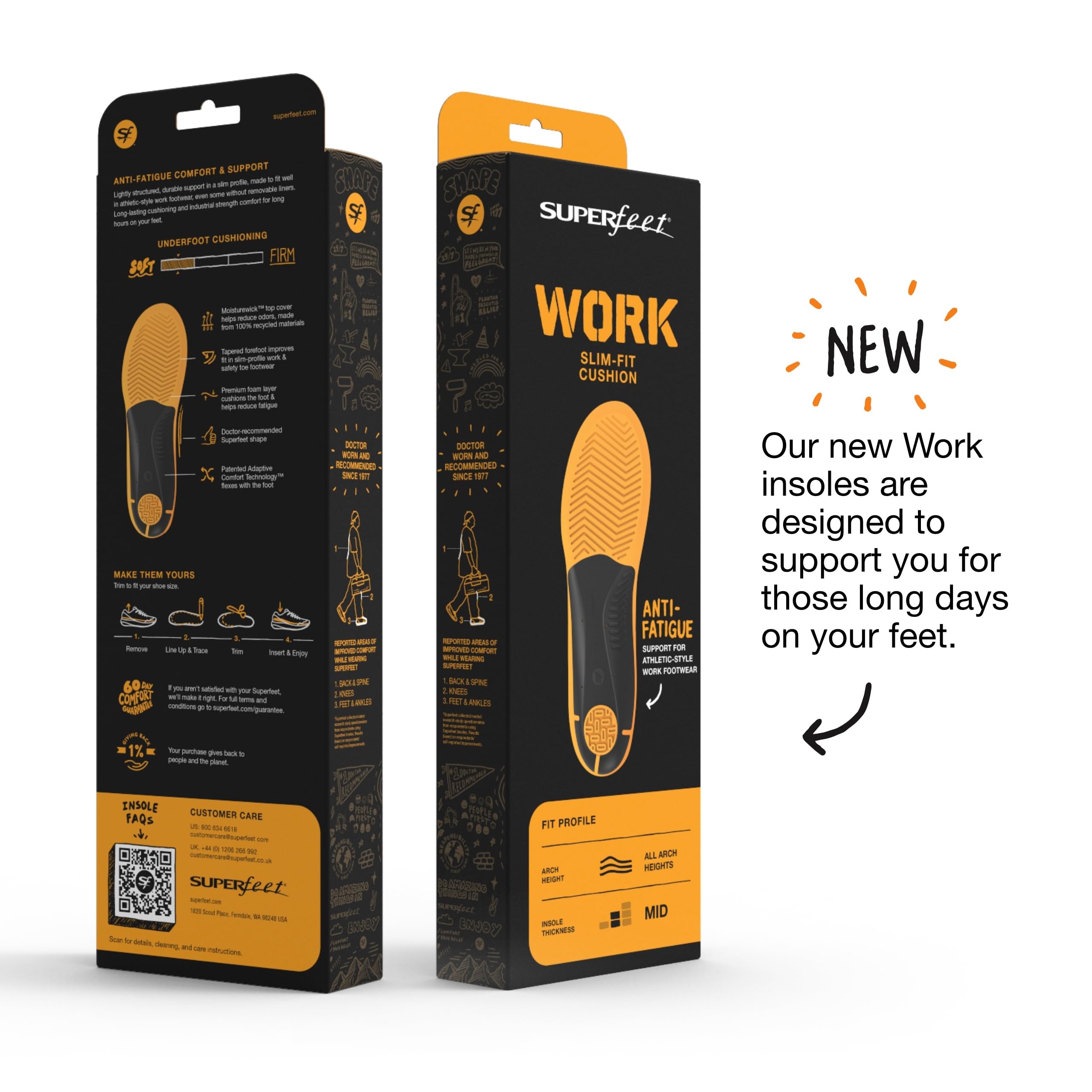 Mid-foot arch support from Superfeet Work Slim-Fit cushions fatigued feet during long shifts.