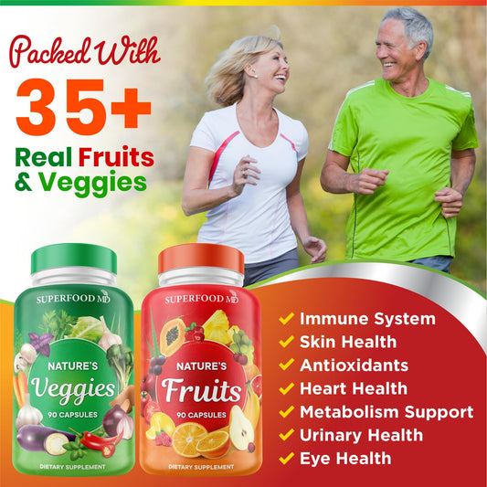 Superfood MD 180 veggie capsules bottle highlights plant-based nutrition for busy lifestyles