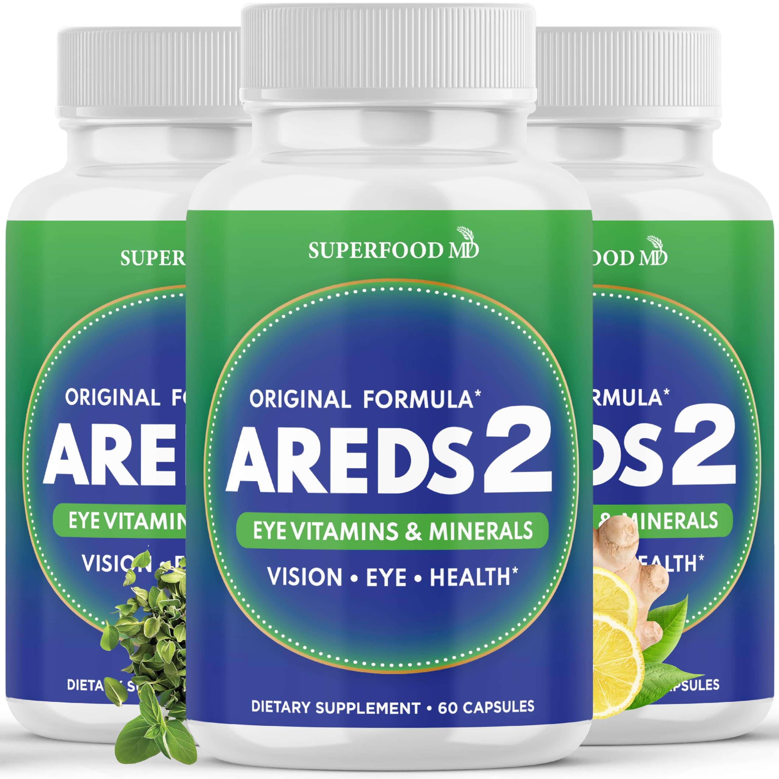 Superfood MD AREDS2 eye vitamin bottle for daily macular support