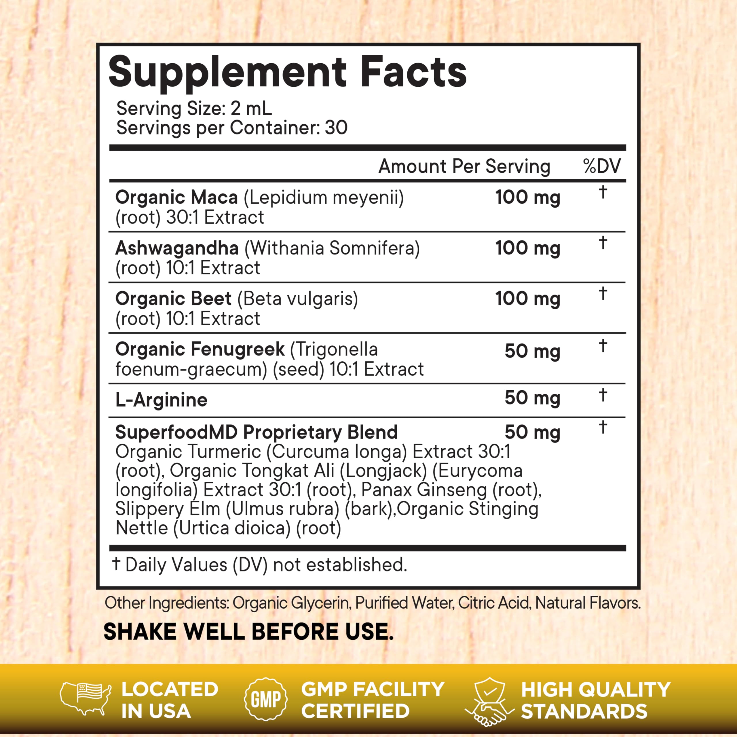 Superfood MD ashwagandha drops bottle signaling balanced energy potential.