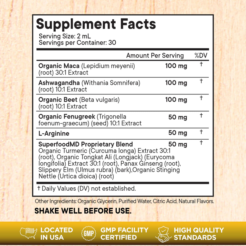 Superfood MD ashwagandha drops bottle signaling balanced energy potential.