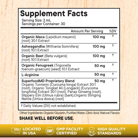 Superfood MD ashwagandha drops bottle signaling balanced energy potential.